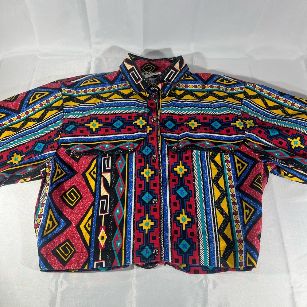 Vintage banjo Colorful Geometric Pattern crop top shirt made in USA